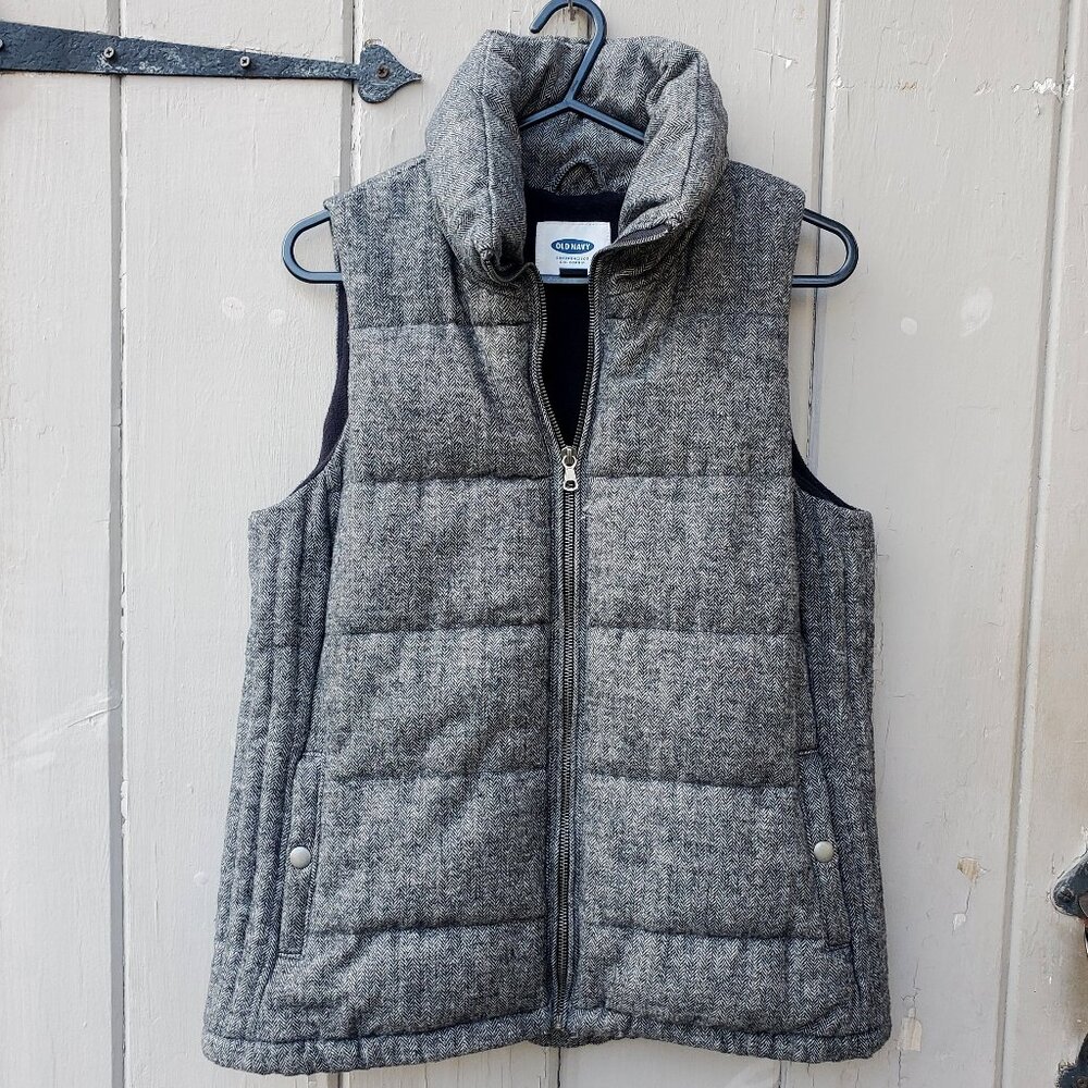 Winter Sale! Old Navy Herringbone Tweed Puffer Vest, Women's S, Charcoal